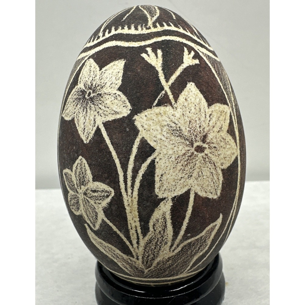 Hand Etched Carved Goose Egg Shell Flower Cranes Field Brown Ukrainian Pysanka